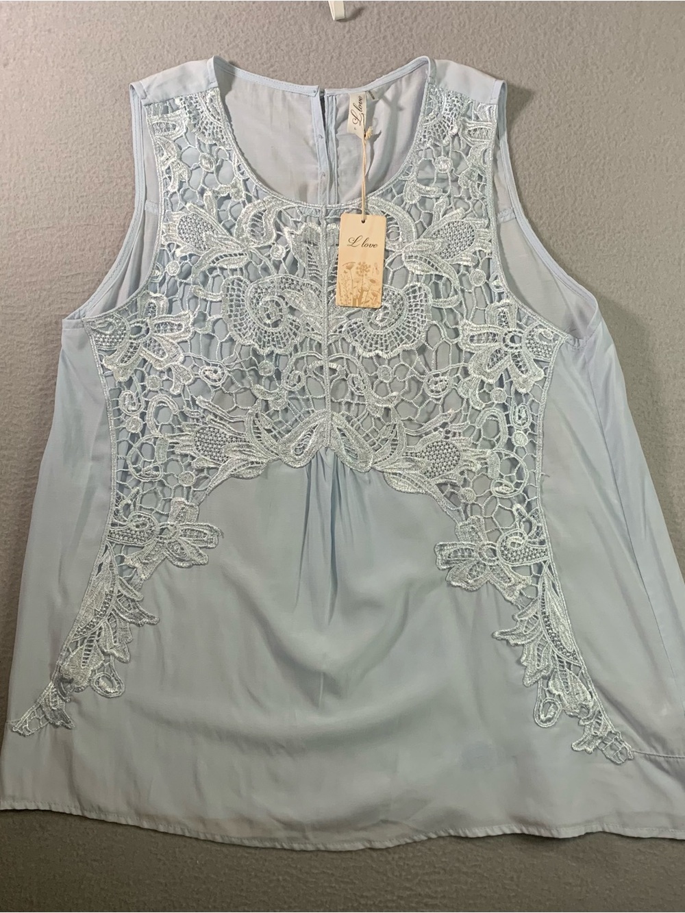 I Love Lace-Accent Sleeveless Blouse in Light Blue size L